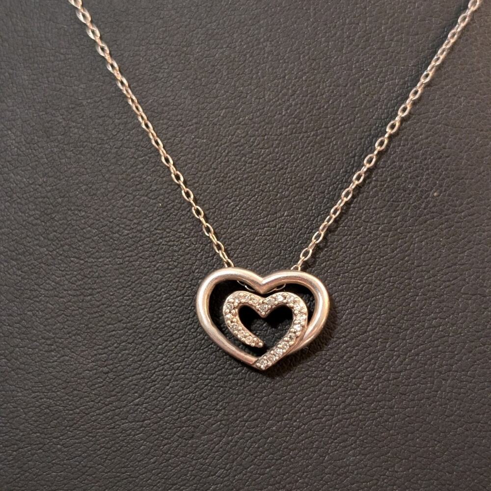 Sadye L. Vassil 925 Sterling Silver Diamond Double Heart 19" Pendant Necklace